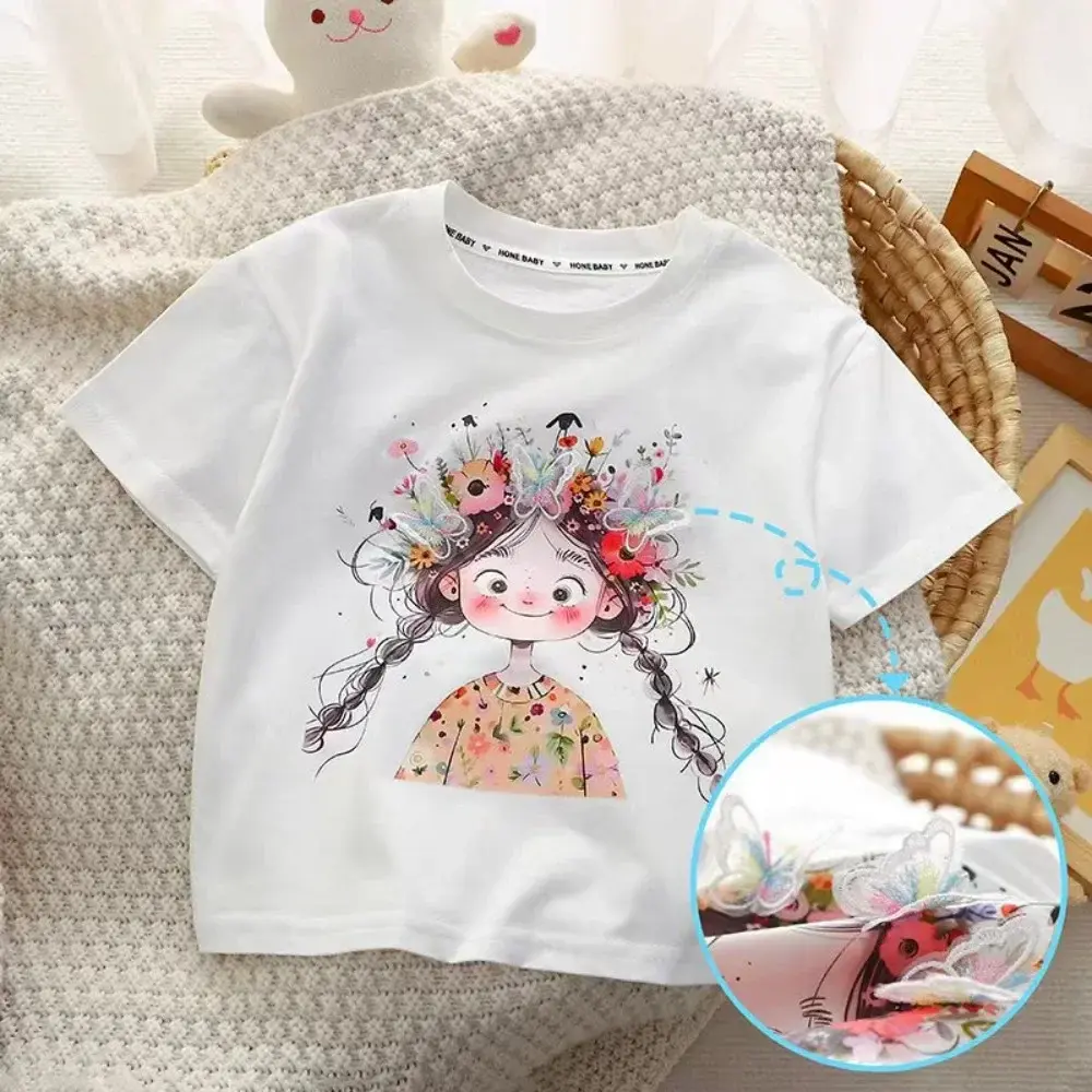 Bear Leader Summer Casual Girls' Set Cartoon Girl Printed Short Sleeve Top+Pink Flower Pants Basic Simple Children's Clothing