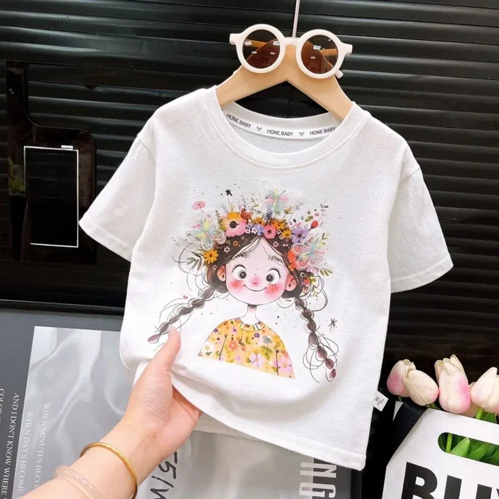 Bear Leader Summer Casual Girls' Set Cartoon Girl Printed Short Sleeve Top+Pink Flower Pants Basic Simple Children's Clothing