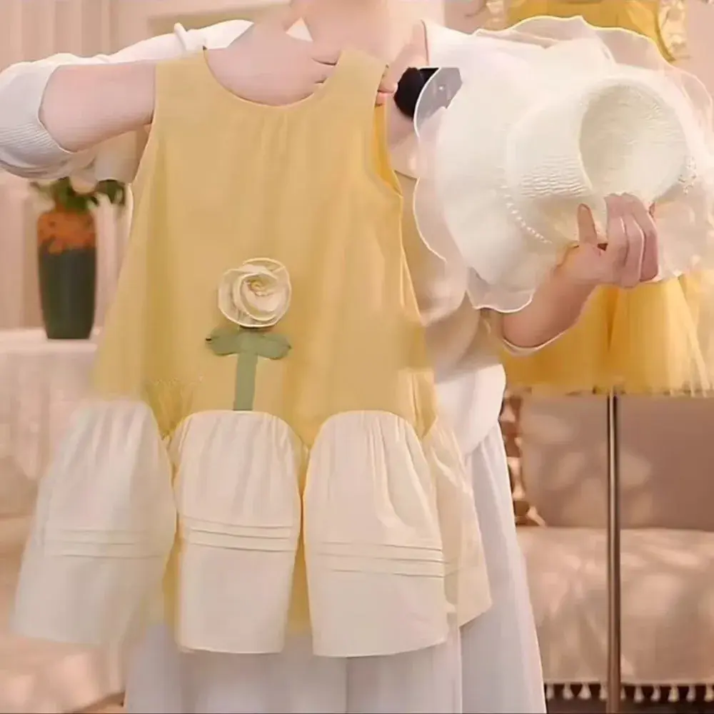 Bear Leader Flower Girl Dress Summer Yellow Sleeveless 3D Flower Splicing Kids Casual Dresses Sweet and Cute Children's Clothing