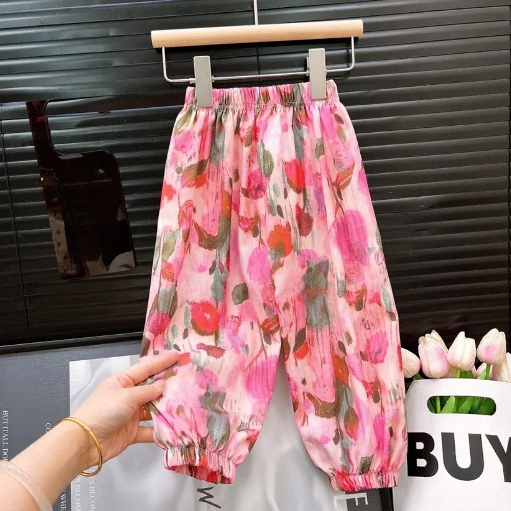 Bear Leader Summer Casual Girls' Set Cartoon Girl Printed Short Sleeve Top+Pink Flower Pants Basic Simple Children's Clothing