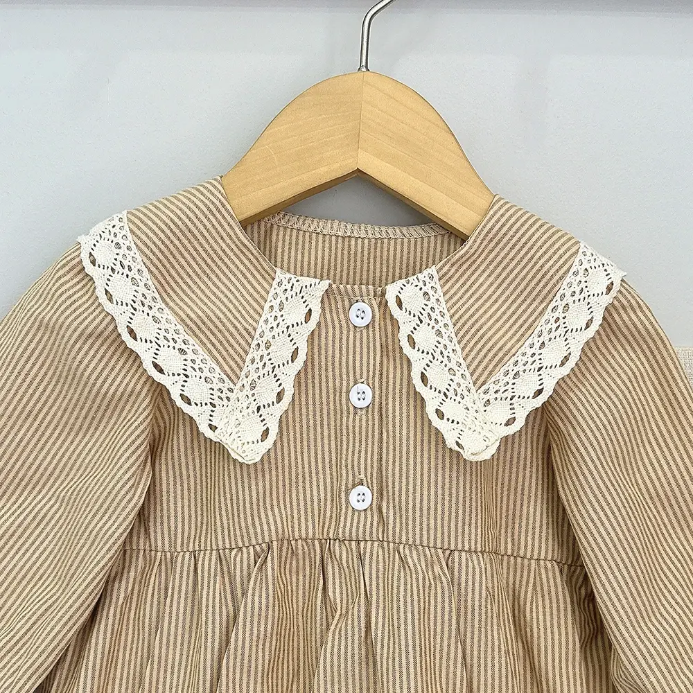 Bear Leader Spring and Autumn New Long Sleeved Baby Girl Jumpsuit Korean Version Khaki Striped Printed Children's Clothing