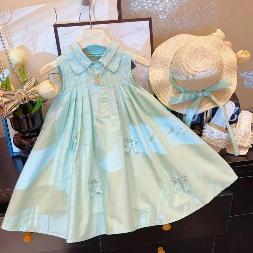 Bear Leader Summer New Solid Color Girls Casual Dresses Sweet Collar Bow Sleeveless Princess Dress Fashion Simple Kids Wear+Hat