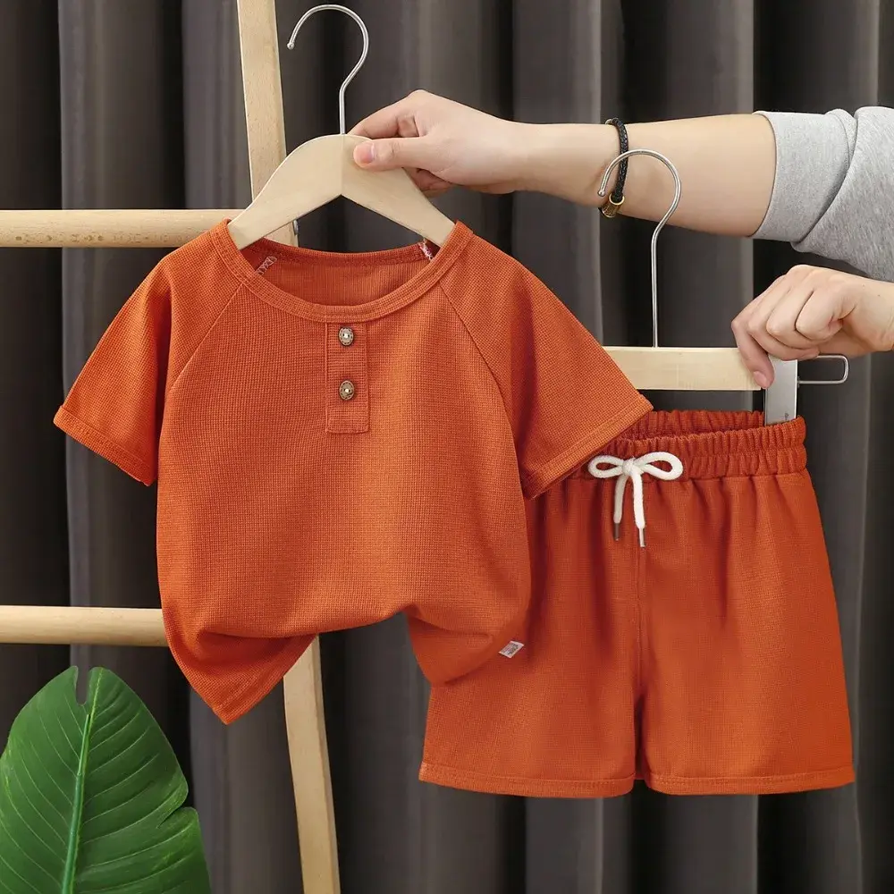 Bear Leader Summer Solid Color Children's Set Short Sleeved Round Neck T-shirt+Shorts Two-piece Set Casual Sports Boys' Clothes