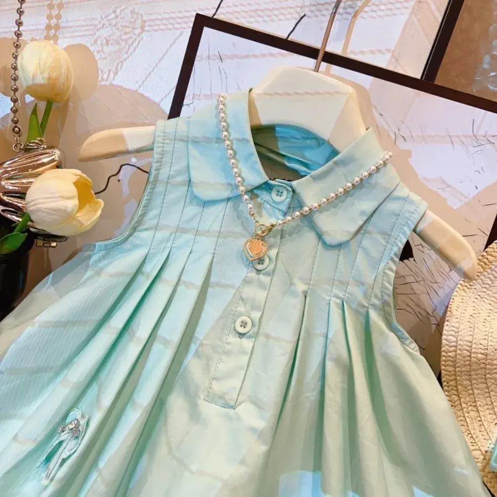 Bear Leader Summer New Solid Color Girls Casual Dresses Sweet Collar Bow Sleeveless Princess Dress Fashion Simple Kids Wear+Hat