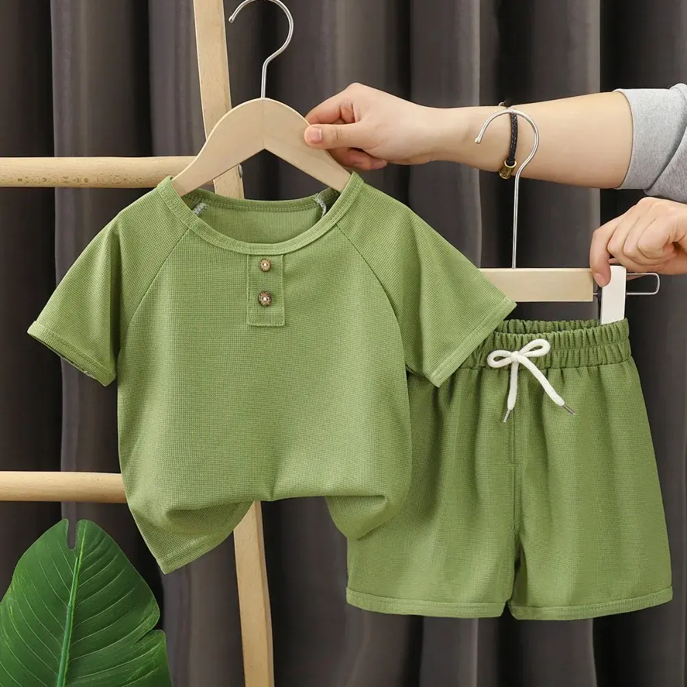 Bear Leader Summer Solid Color Children's Set Short Sleeved Round Neck T-shirt+Shorts Two-piece Set Casual Sports Boys' Clothes