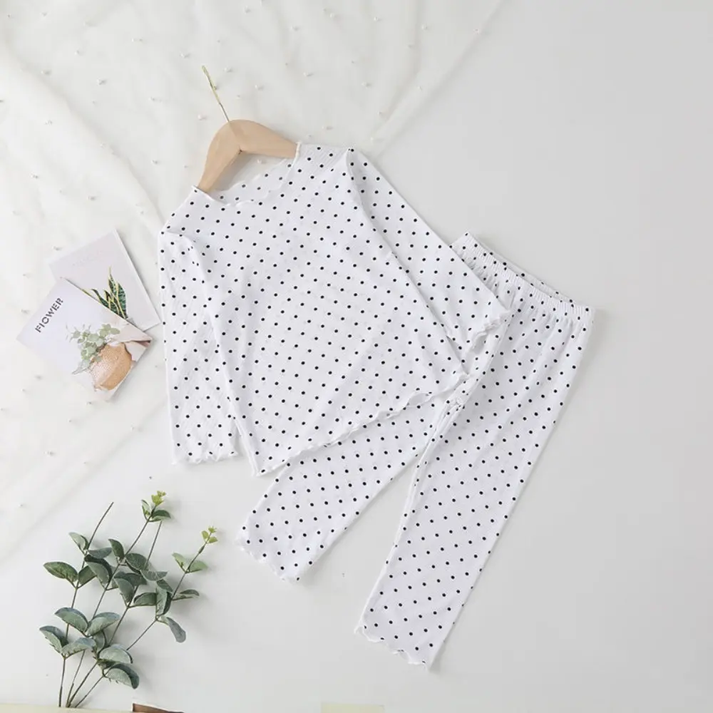 Bear Leader Kids Sleepwear Summer Long Sleeved Polka Dot Printed Top+Pants 2-piece Set Korean Solid Color Simple Girls Clothes