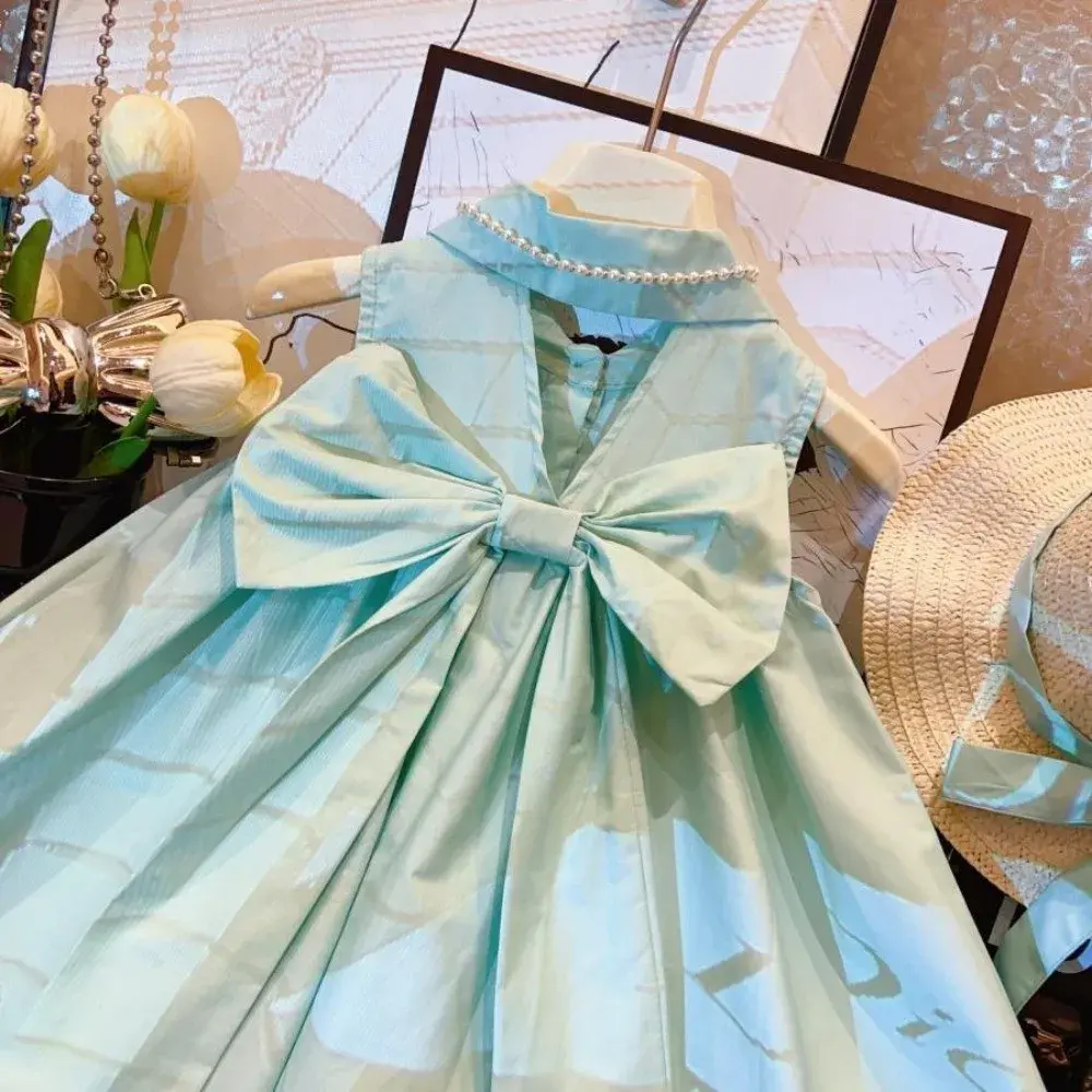 Bear Leader Summer New Solid Color Girls Casual Dresses Sweet Collar Bow Sleeveless Princess Dress Fashion Simple Kids Wear+Hat