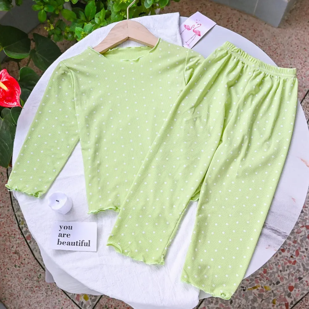 Bear Leader Kids Sleepwear Summer Long Sleeved Polka Dot Printed Top+Pants 2-piece Set Korean Solid Color Simple Girls Clothes