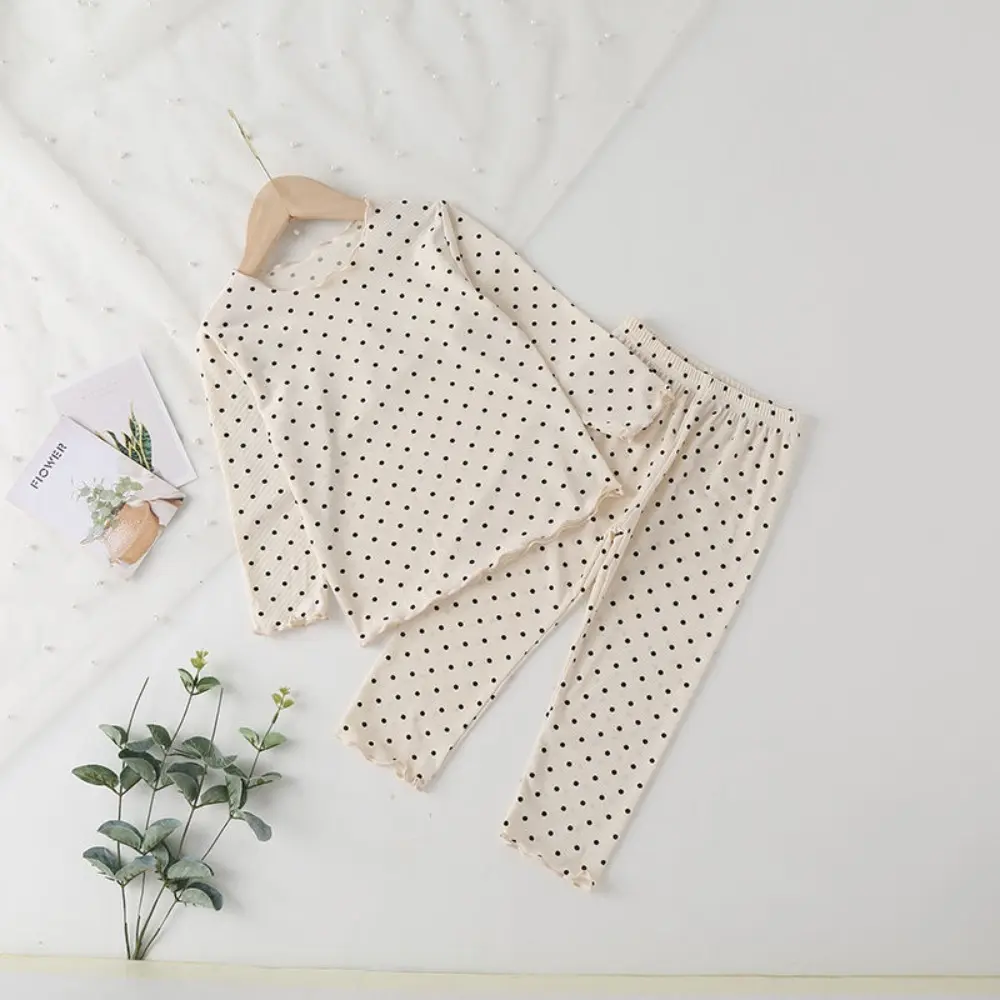 Bear Leader Kids Sleepwear Summer Long Sleeved Polka Dot Printed Top+Pants 2-piece Set Korean Solid Color Simple Girls Clothes