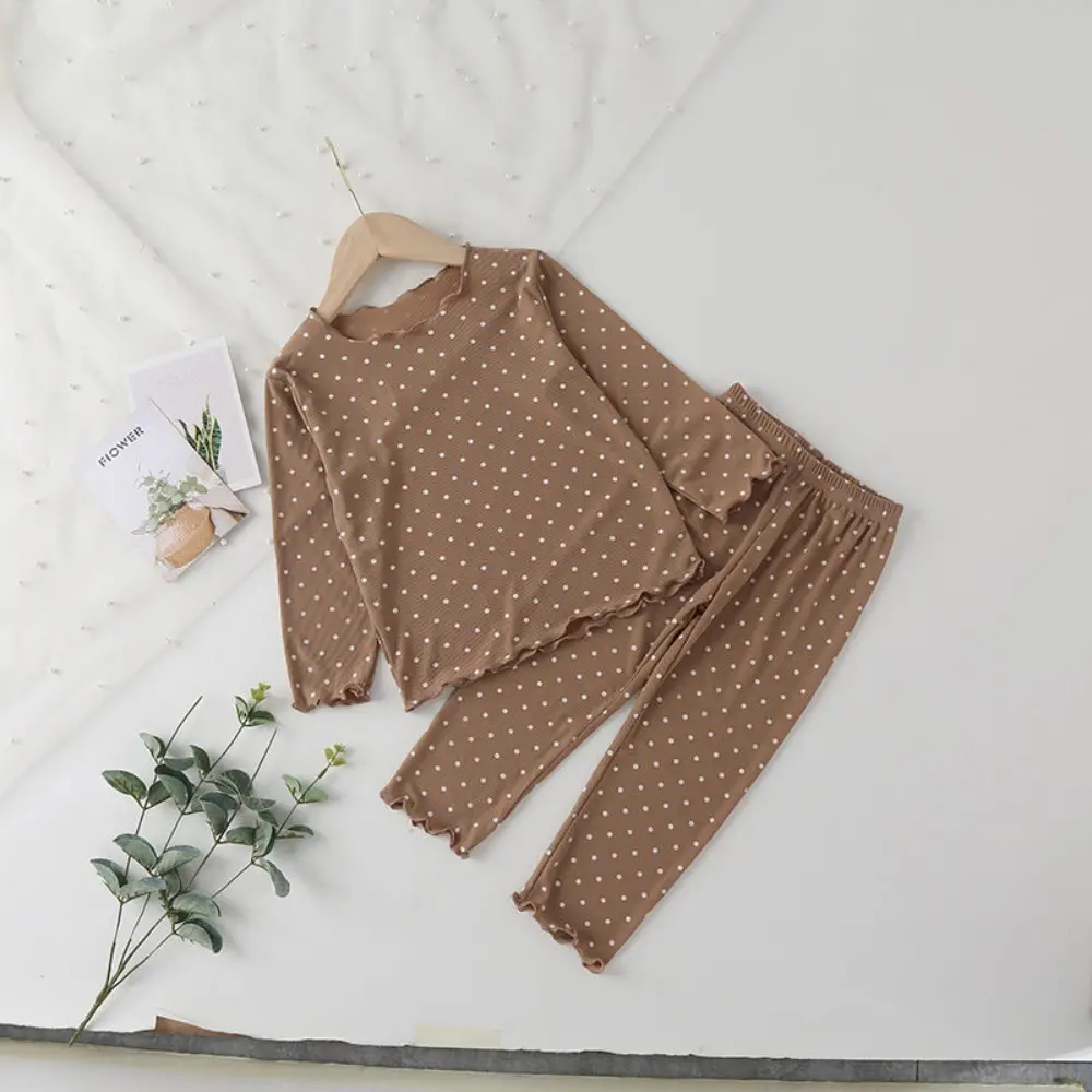 Bear Leader Kids Sleepwear Summer Long Sleeved Polka Dot Printed Top+Pants 2-piece Set Korean Solid Color Simple Girls Clothes