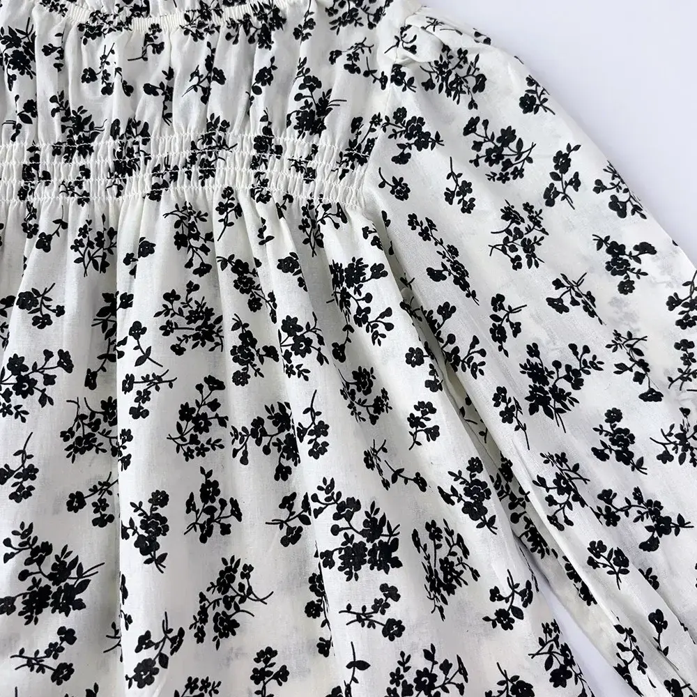 Bear Leader 2-6 Years Old Autumn New Long Sleeved Girls' Top Korean Version Plain Color Flower Print Casual Children's Clothing
