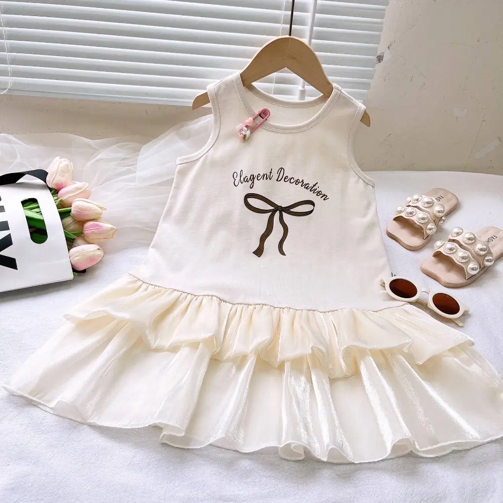 Bear Leader Summer New Bow Letter Printed Children's Vest Dress Korean Version Sleeveless Mesh Splicing Girls Casual Dresses