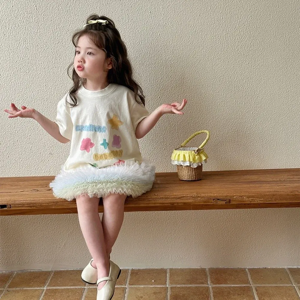 Bear Leader Korean Short Sleeved Beige Kids Clothes Cartoon Printed Patchwork Mesh Toddler Dress Summer Girls Casual Dresses