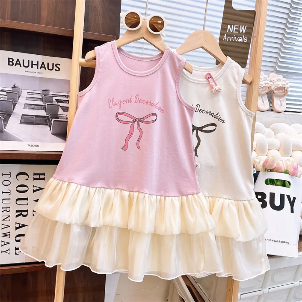 Bear Leader Summer New Bow Letter Printed Children's Vest Dress Korean Version Sleeveless Mesh Splicing Girls Casual Dresses