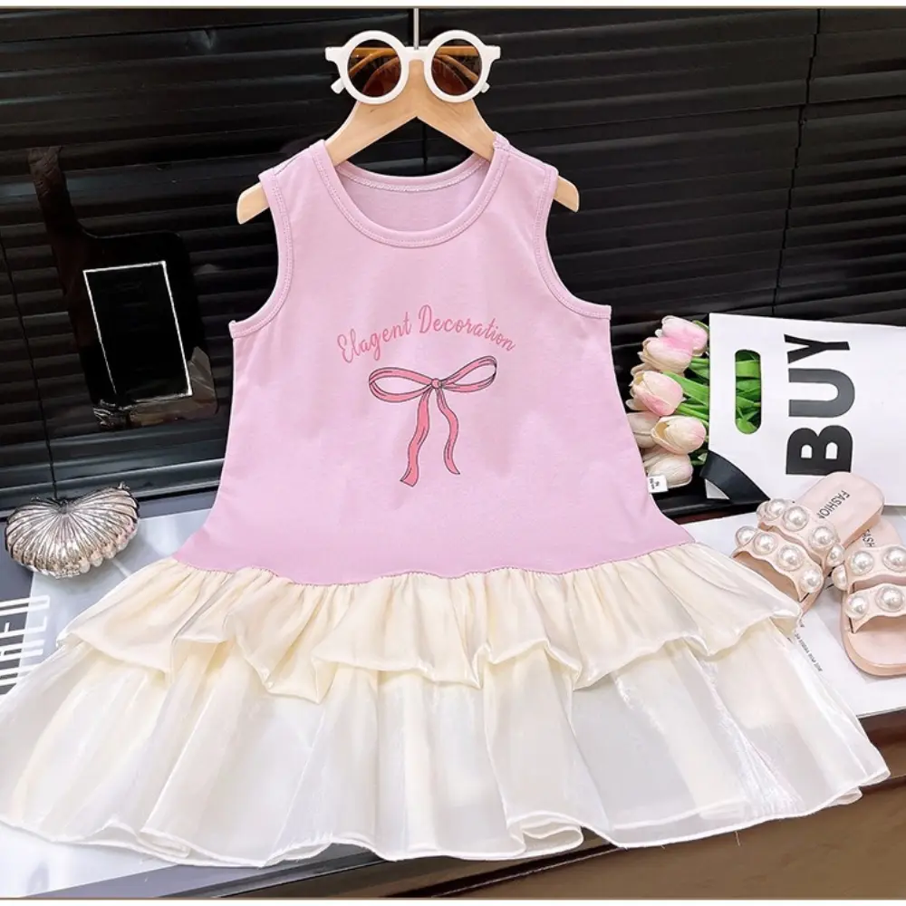 Bear Leader Summer New Bow Letter Printed Children's Vest Dress Korean Version Sleeveless Mesh Splicing Girls Casual Dresses