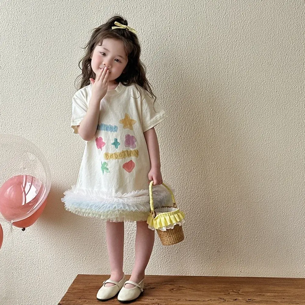 Bear Leader Korean Short Sleeved Beige Kids Clothes Cartoon Printed Patchwork Mesh Toddler Dress Summer Girls Casual Dresses