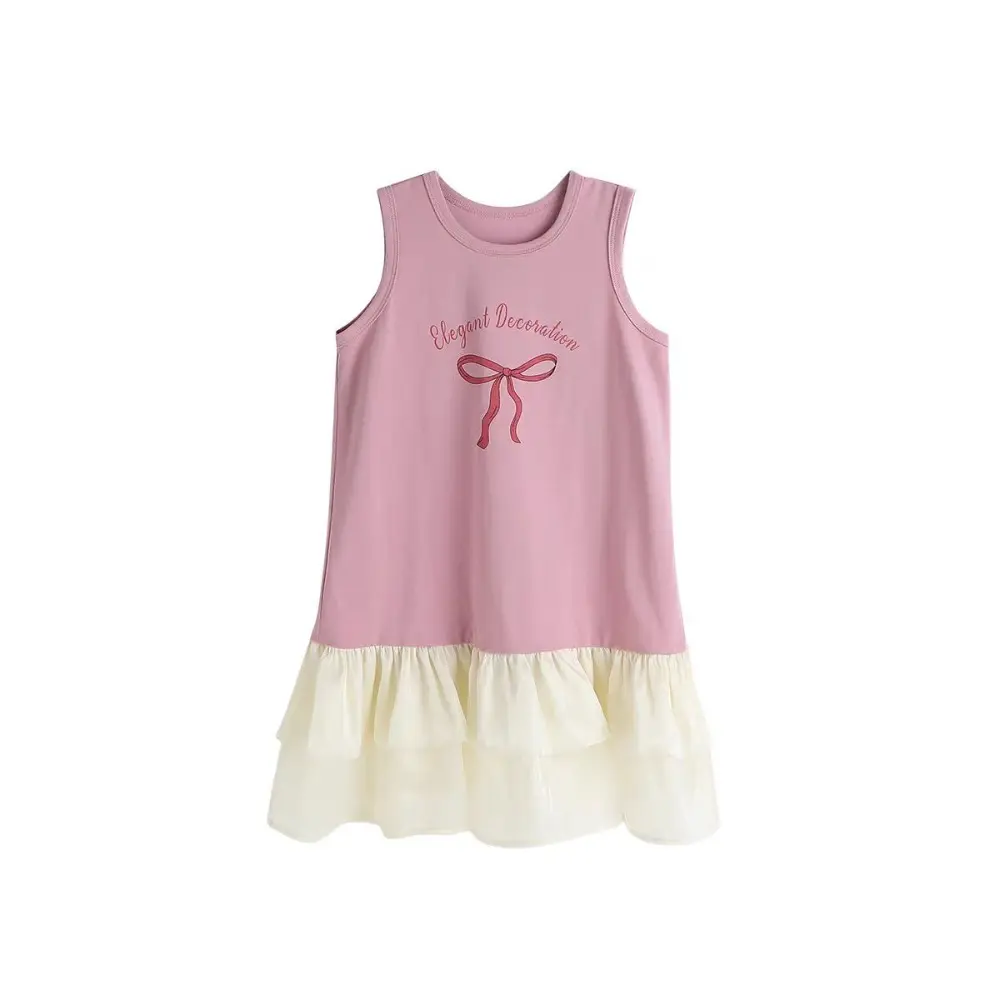 Bear Leader Summer New Bow Letter Printed Children's Vest Dress Korean Version Sleeveless Mesh Splicing Girls Casual Dresses