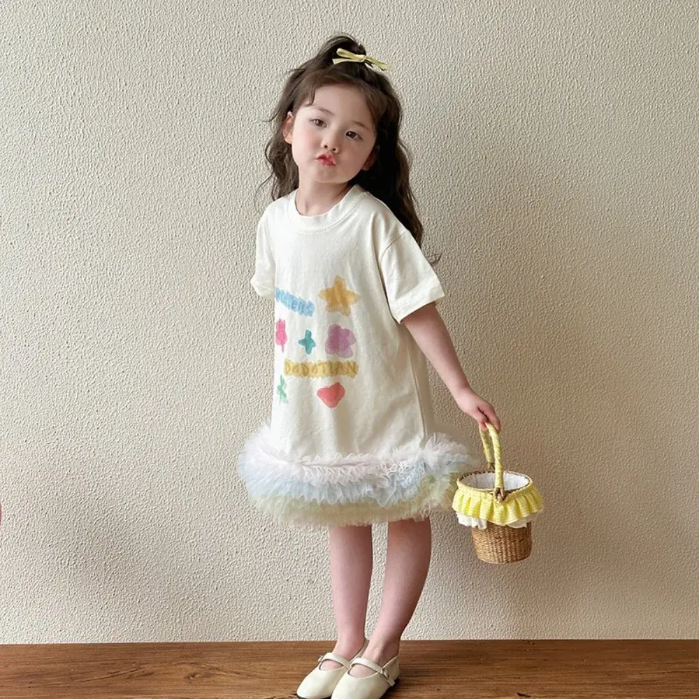 Bear Leader Korean Short Sleeved Beige Kids Clothes Cartoon Printed Patchwork Mesh Toddler Dress Summer Girls Casual Dresses