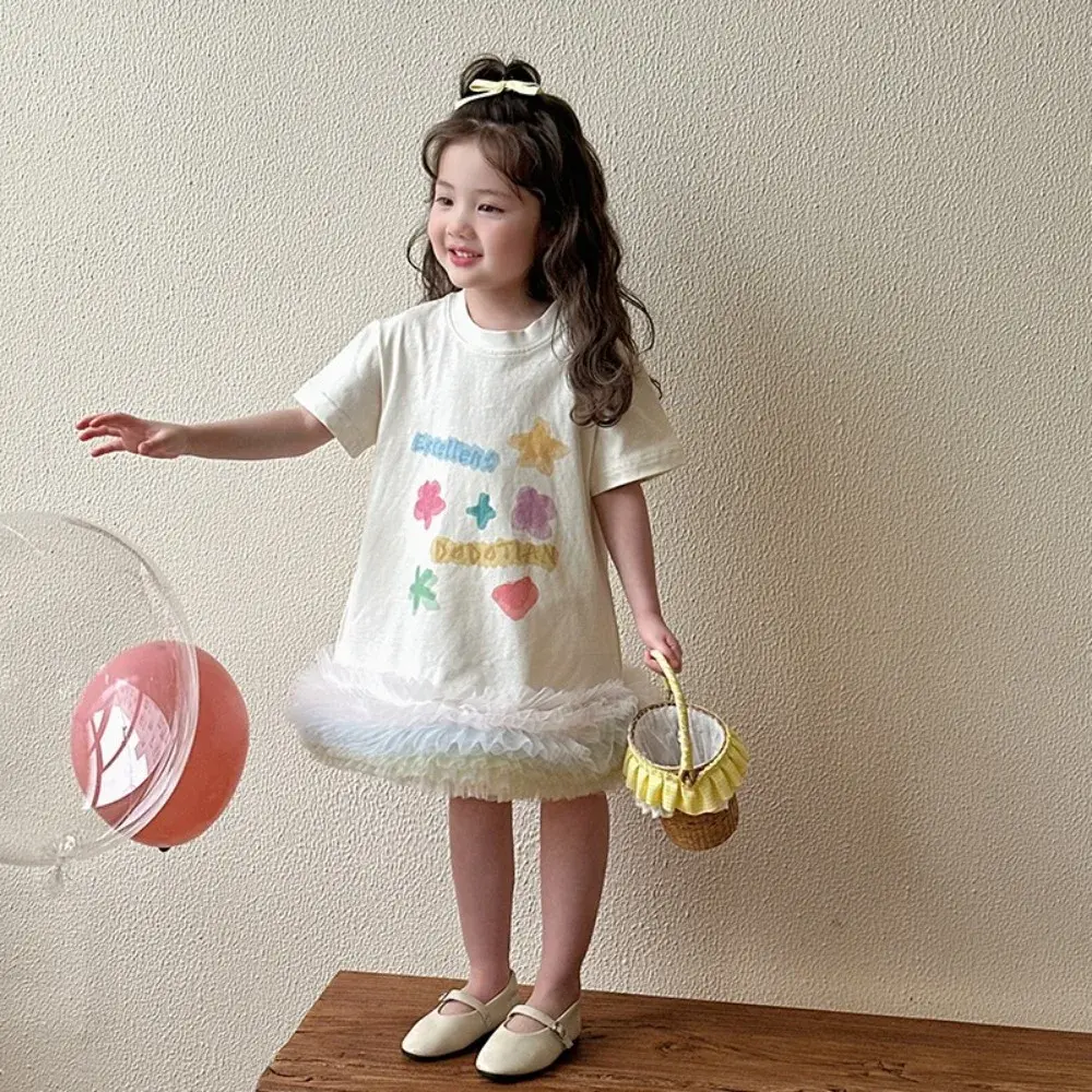 Bear Leader Korean Short Sleeved Beige Kids Clothes Cartoon Printed Patchwork Mesh Toddler Dress Summer Girls Casual Dresses