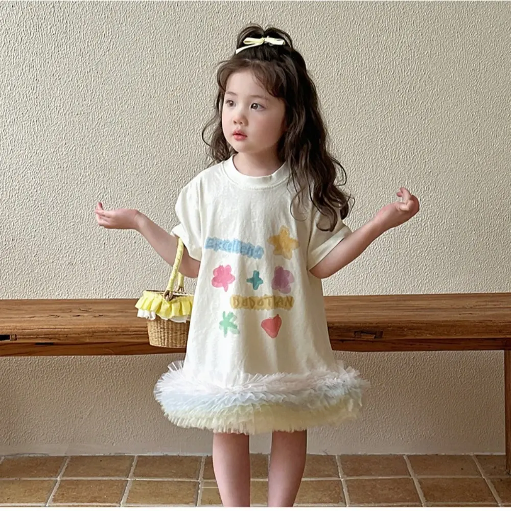 Bear Leader Korean Short Sleeved Beige Kids Clothes Cartoon Printed Patchwork Mesh Toddler Dress Summer Girls Casual Dresses