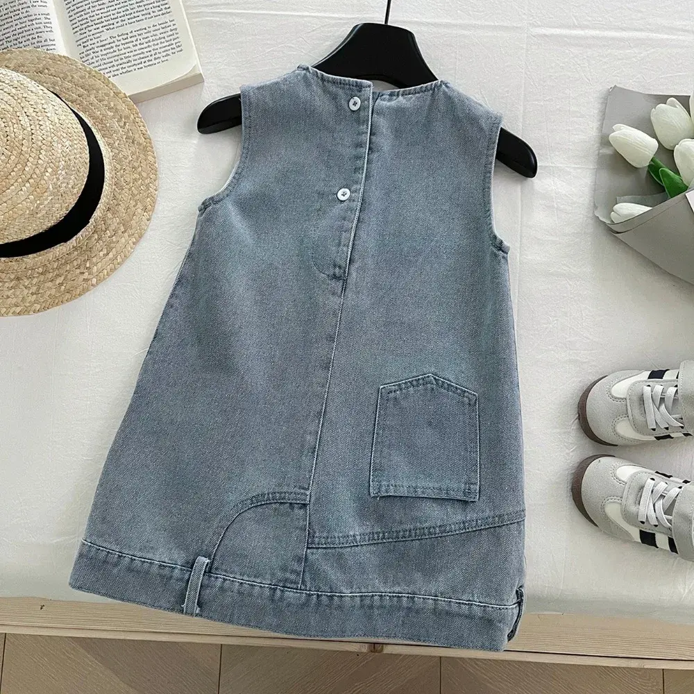 Bear Leader Summer New Blue Sleeveless Cowboy Dress with Pocket Solid Color Girls Casual Dresses Basic Simple Children's Wear