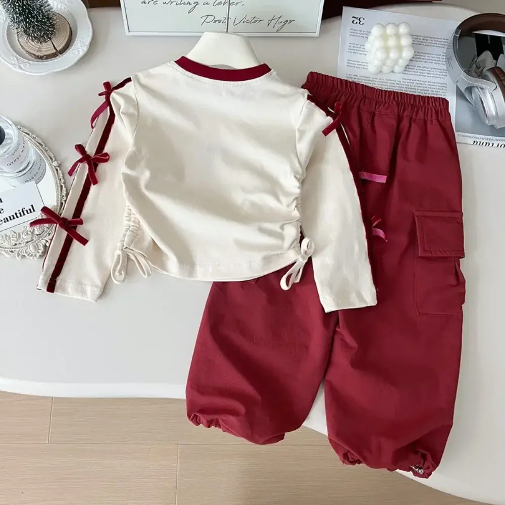 Bear Leader Spring and Autumn Outdoor Casual Kids Wear Bow  Long Sleeve Drawstring Top+Red Work Pants Fashion New Girls Clothes