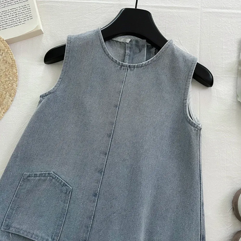 Bear Leader Summer New Blue Sleeveless Cowboy Dress with Pocket Solid Color Girls Casual Dresses Basic Simple Children's Wear