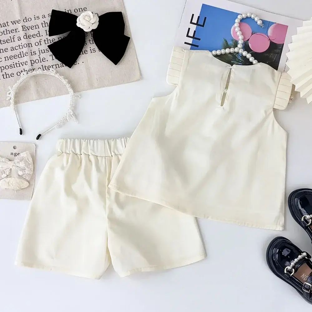 Bear Leader Summer Girls White Clothes 3D Flower Sleeveless Vest+Shorts 2-piece Set Korean Version Plain Children's Clothing
