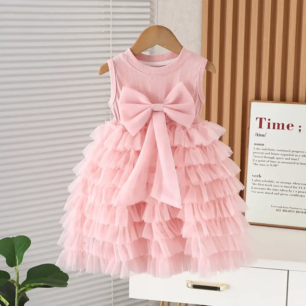 Bear Leader Korean Version Pink Bow Mesh Princess Dress Fashionable and Elegant Children's Clothing Summer Girls Casual Dresses