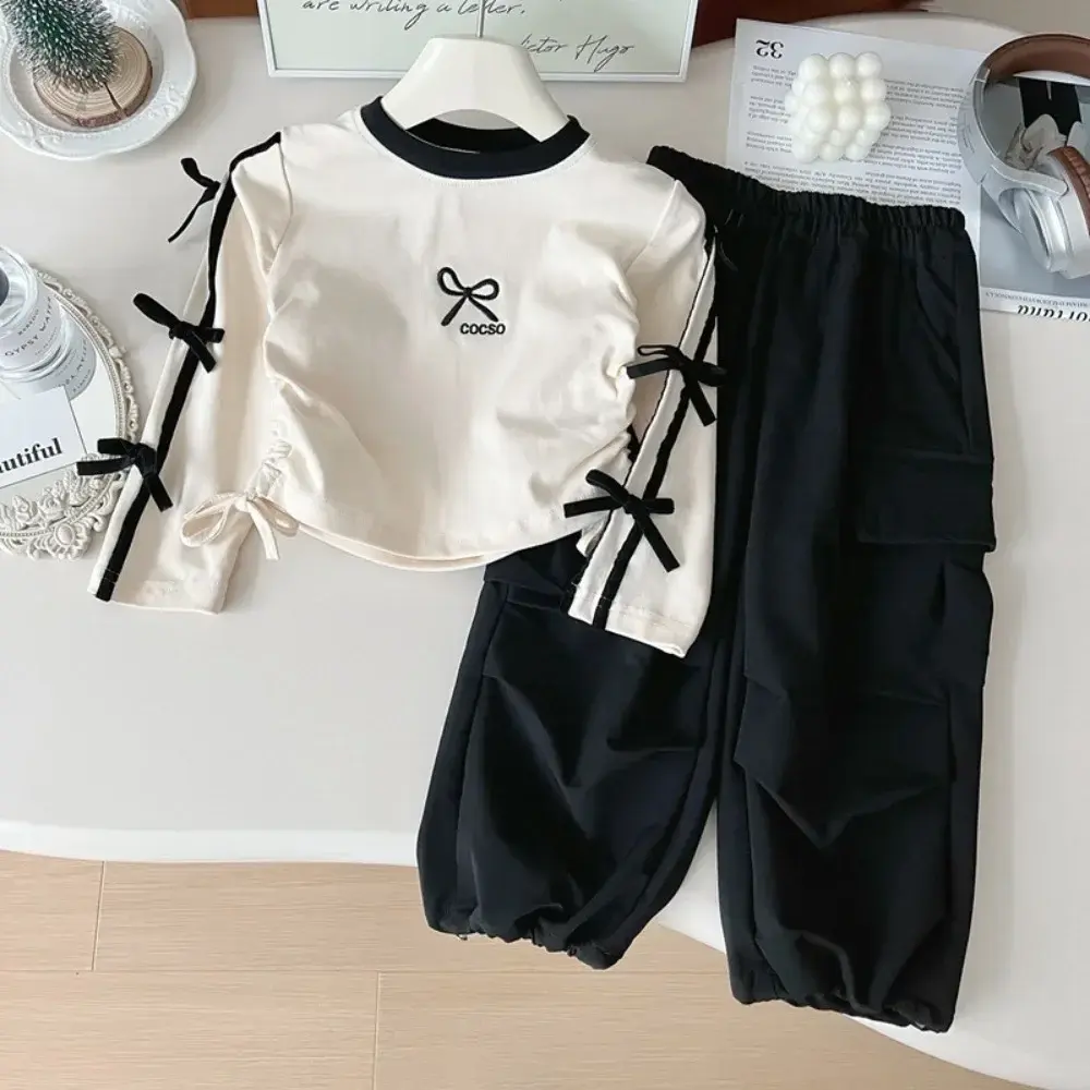 Bear Leader Spring and Autumn Outdoor Casual Kids Wear Bow  Long Sleeve Drawstring Top+Red Work Pants Fashion New Girls Clothes