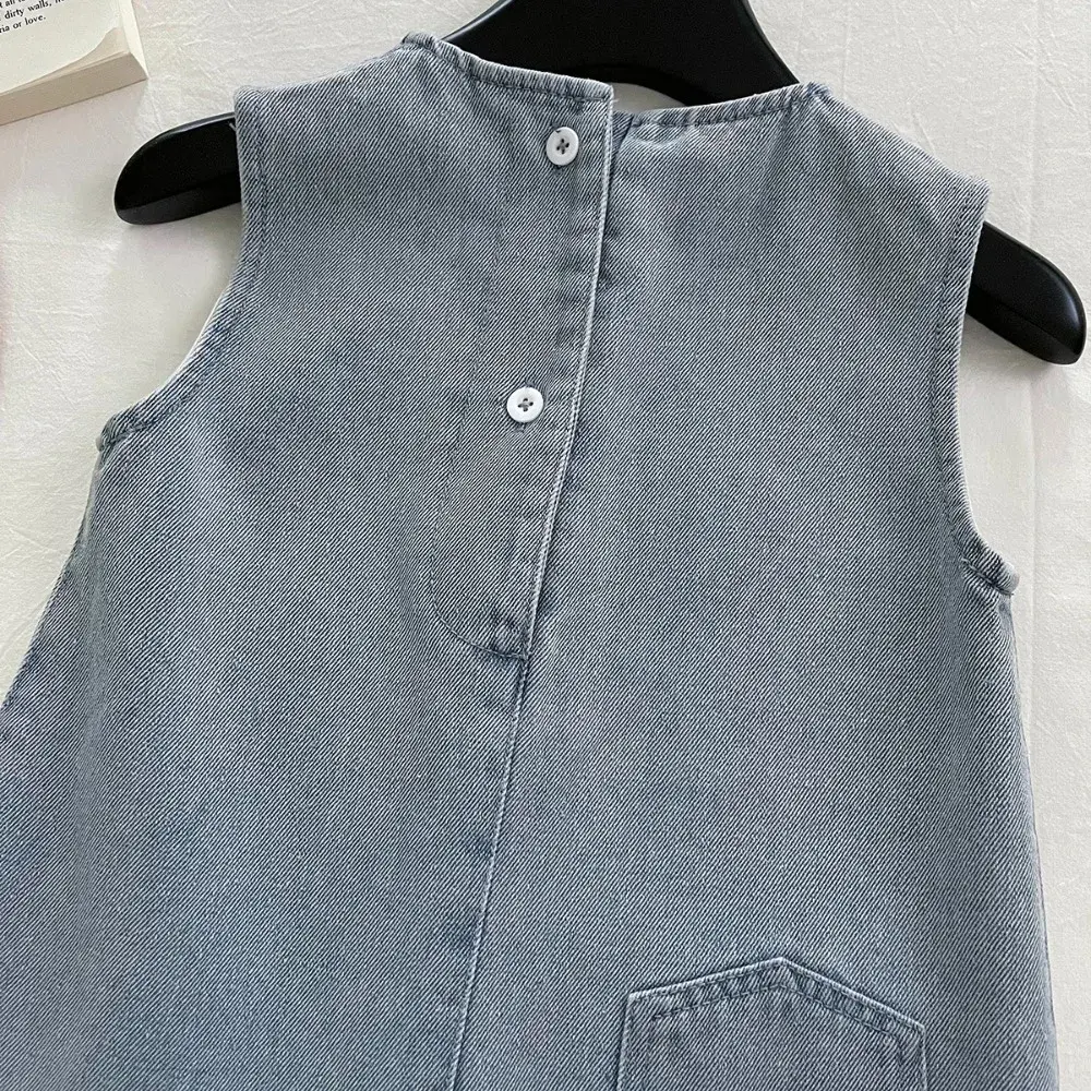 Bear Leader Summer New Blue Sleeveless Cowboy Dress with Pocket Solid Color Girls Casual Dresses Basic Simple Children's Wear