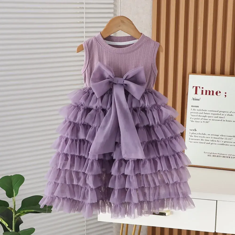 Bear Leader Korean Version Pink Bow Mesh Princess Dress Fashionable and Elegant Children's Clothing Summer Girls Casual Dresses
