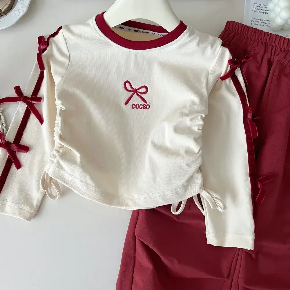 Bear Leader Spring and Autumn Outdoor Casual Kids Wear Bow  Long Sleeve Drawstring Top+Red Work Pants Fashion New Girls Clothes