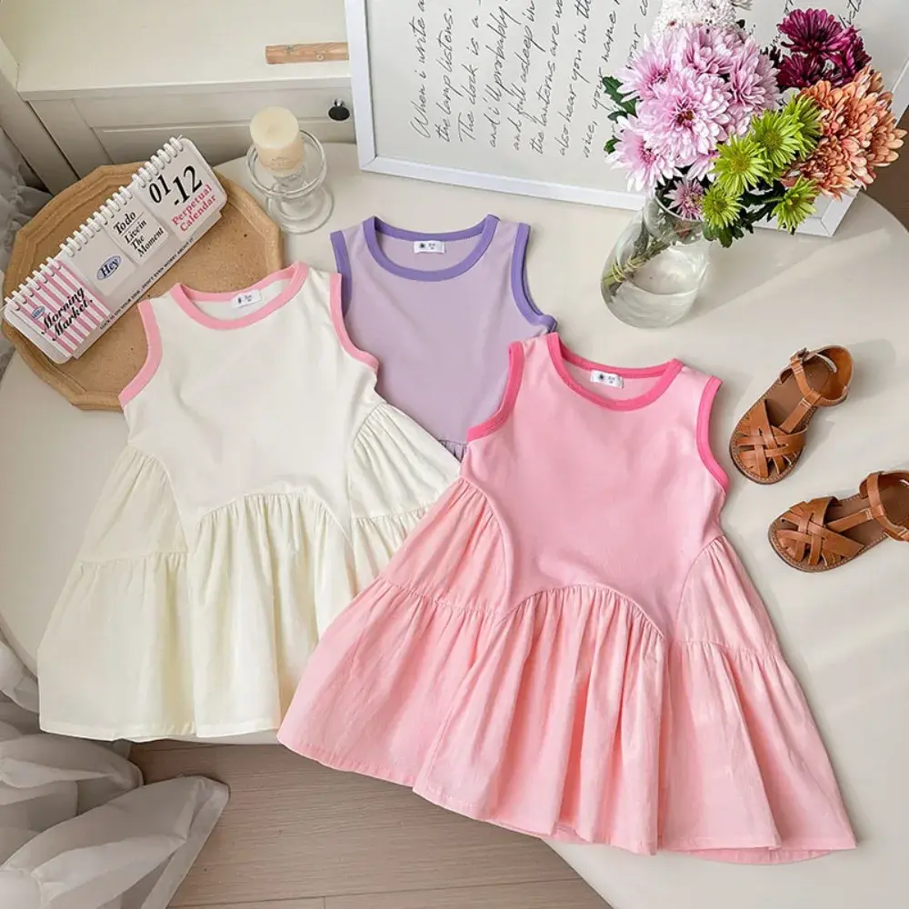 Bear Leader Korean version Color Blocked Princess Dress Birthday Party Kids Wear Summer Pink Sleeveless Girls Casual Dresses