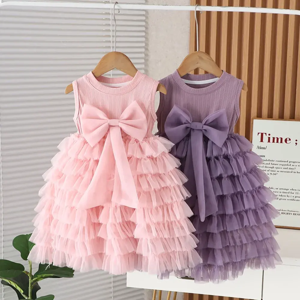 Bear Leader Korean Version Pink Bow Mesh Princess Dress Fashionable and Elegant Children's Clothing Summer Girls Casual Dresses