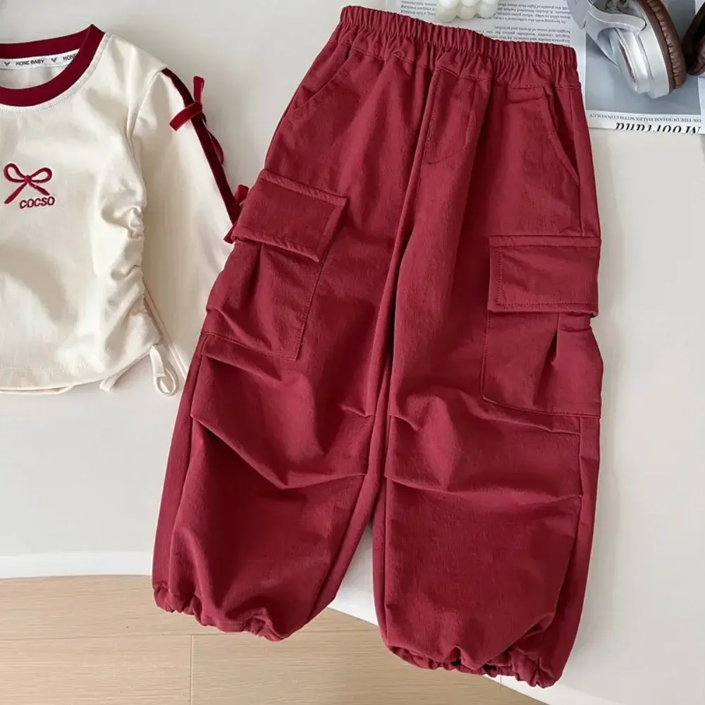 Bear Leader Spring and Autumn Outdoor Casual Kids Wear Bow  Long Sleeve Drawstring Top+Red Work Pants Fashion New Girls Clothes