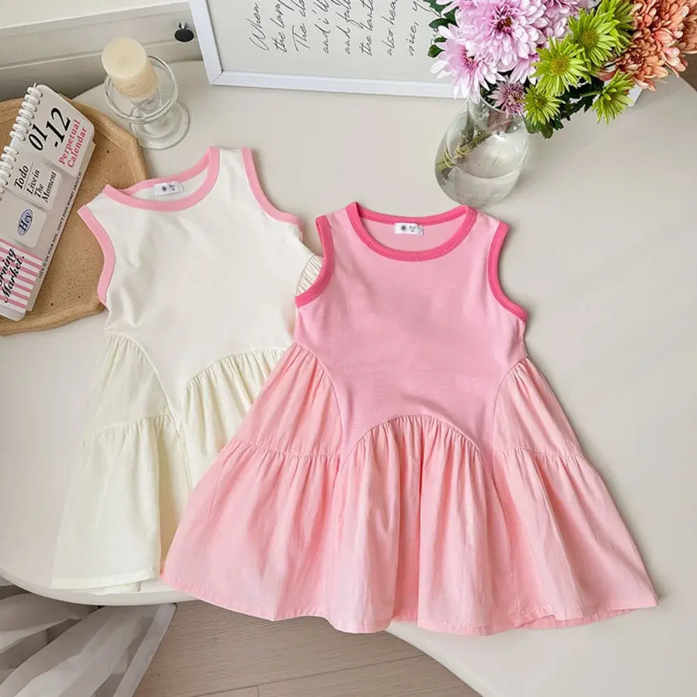 Bear Leader Korean version Color Blocked Princess Dress Birthday Party Kids Wear Summer Pink Sleeveless Girls Casual Dresses