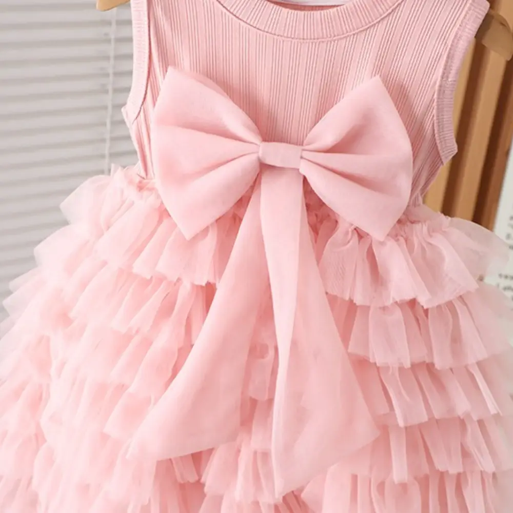 Bear Leader Korean Version Pink Bow Mesh Princess Dress Fashionable and Elegant Children's Clothing Summer Girls Casual Dresses