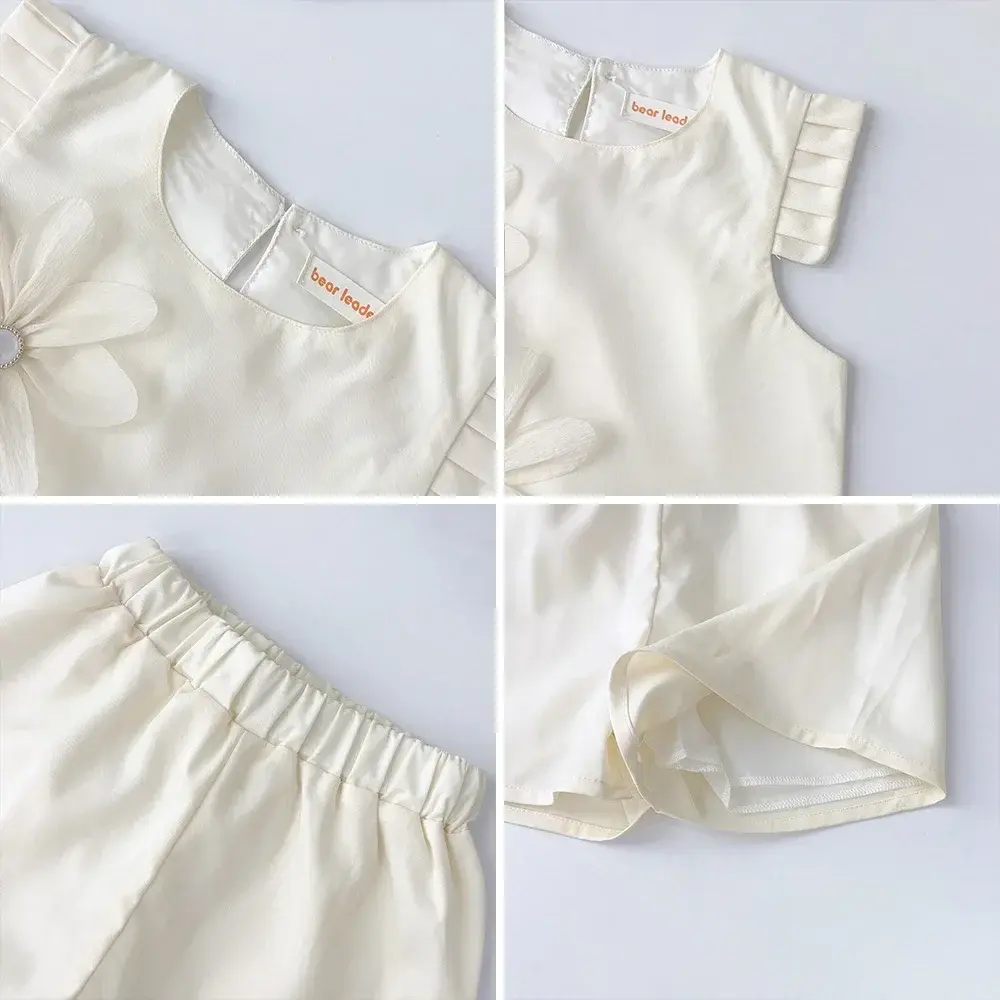 Bear Leader Summer Girls White Clothes 3D Flower Sleeveless Vest+Shorts 2-piece Set Korean Version Plain Children's Clothing