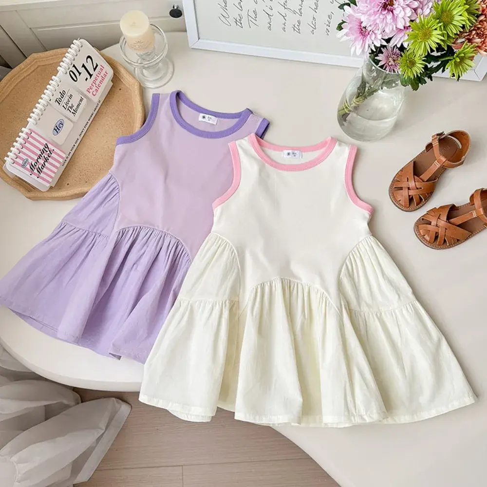 Bear Leader Korean version Color Blocked Princess Dress Birthday Party Kids Wear Summer Pink Sleeveless Girls Casual Dresses