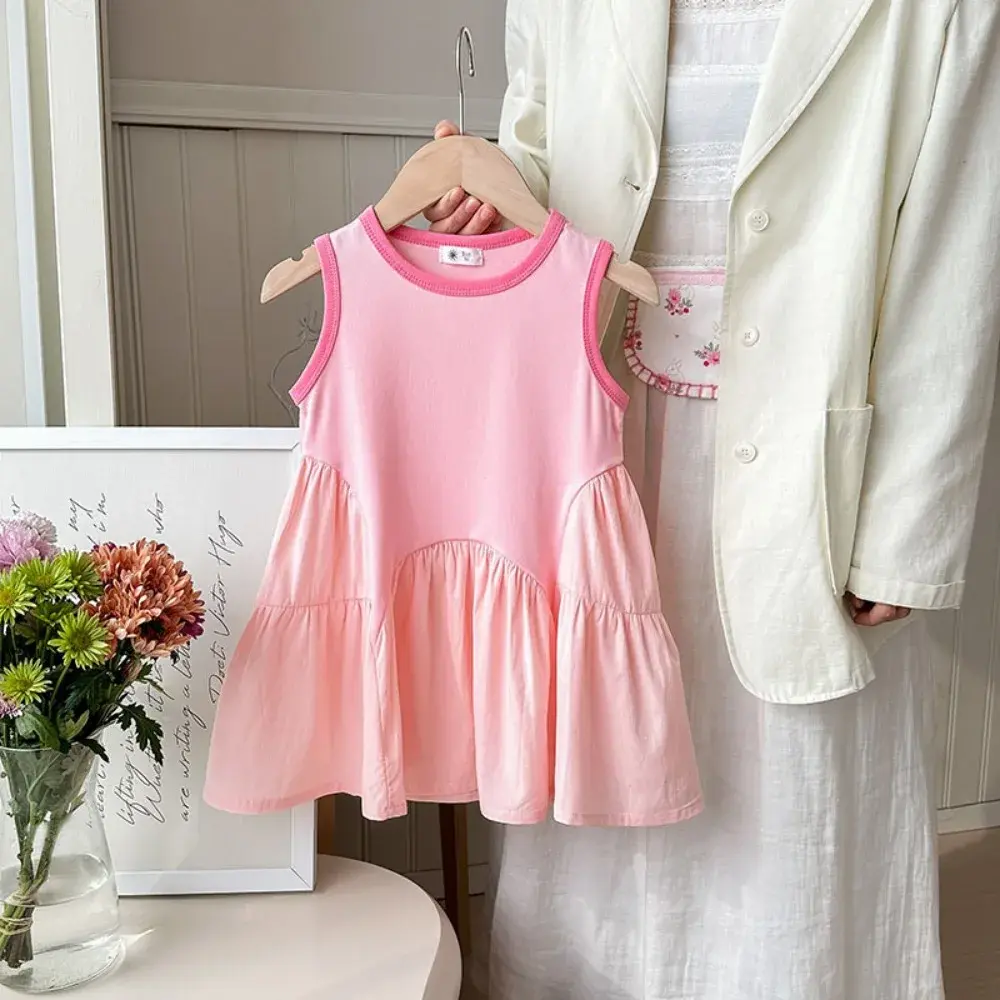 Bear Leader Korean version Color Blocked Princess Dress Birthday Party Kids Wear Summer Pink Sleeveless Girls Casual Dresses