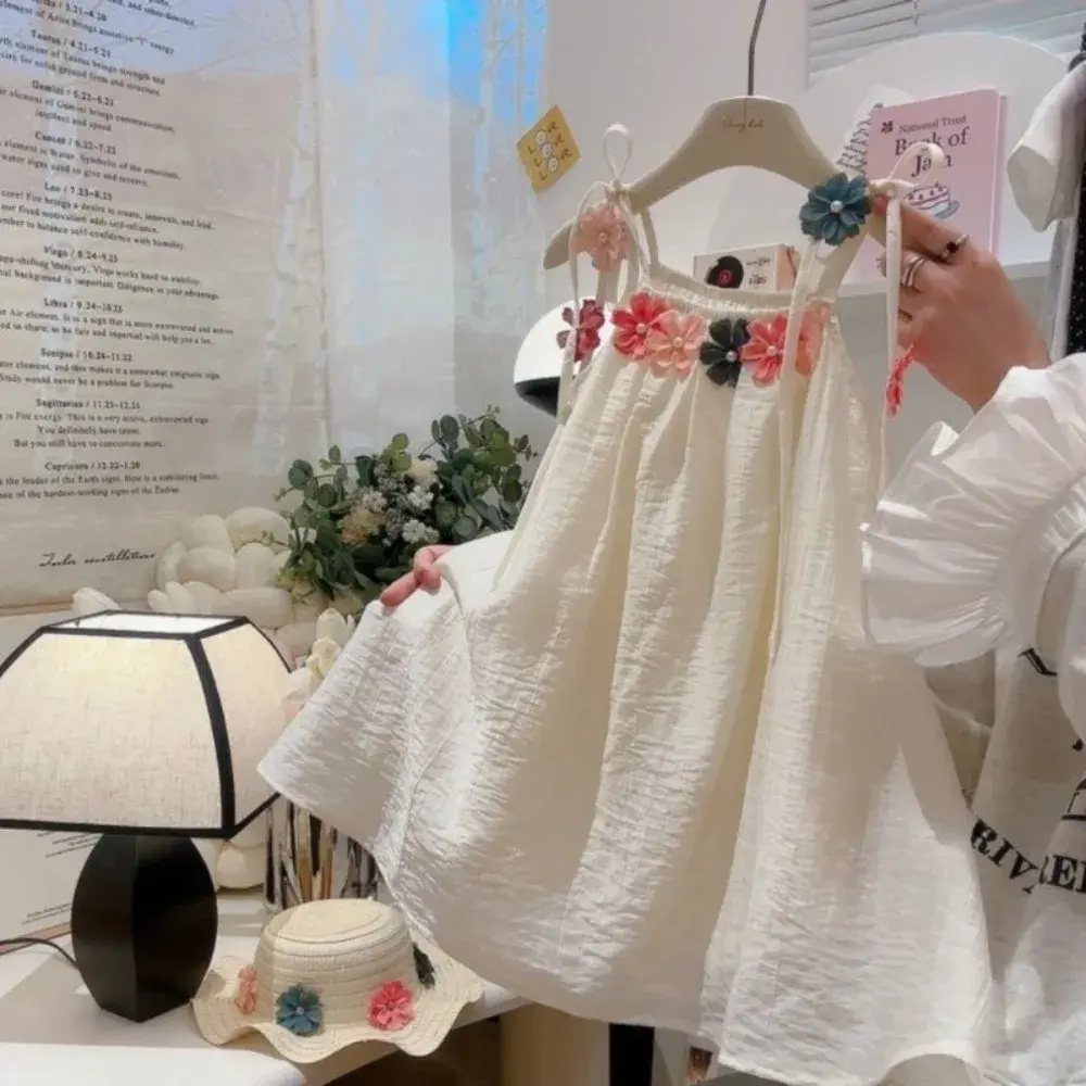 Bear Leader Korean Version Casual Dresses for Girls Summer White Sleeveless Kids Clothes 3D Flower Decoration Vest Dress+Hat
