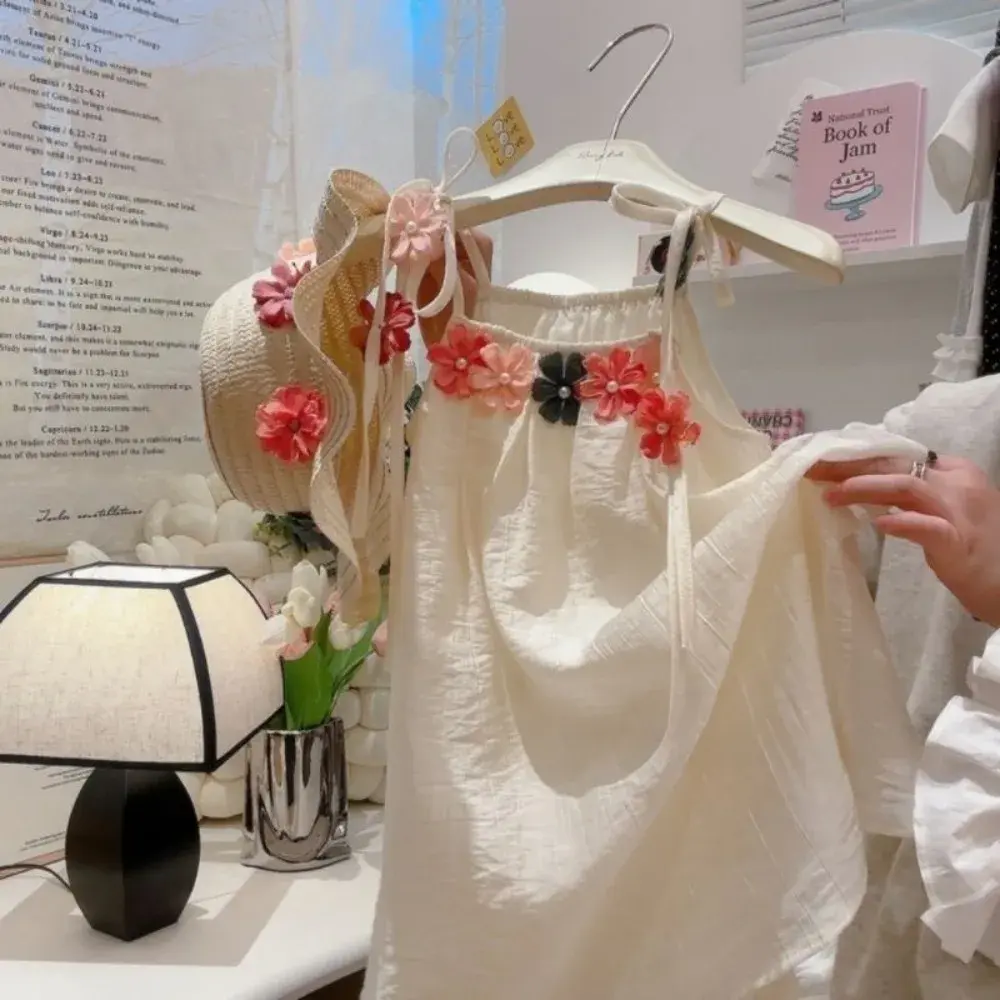 Bear Leader Korean Version Casual Dresses for Girls Summer White Sleeveless Kids Clothes 3D Flower Decoration Vest Dress+Hat