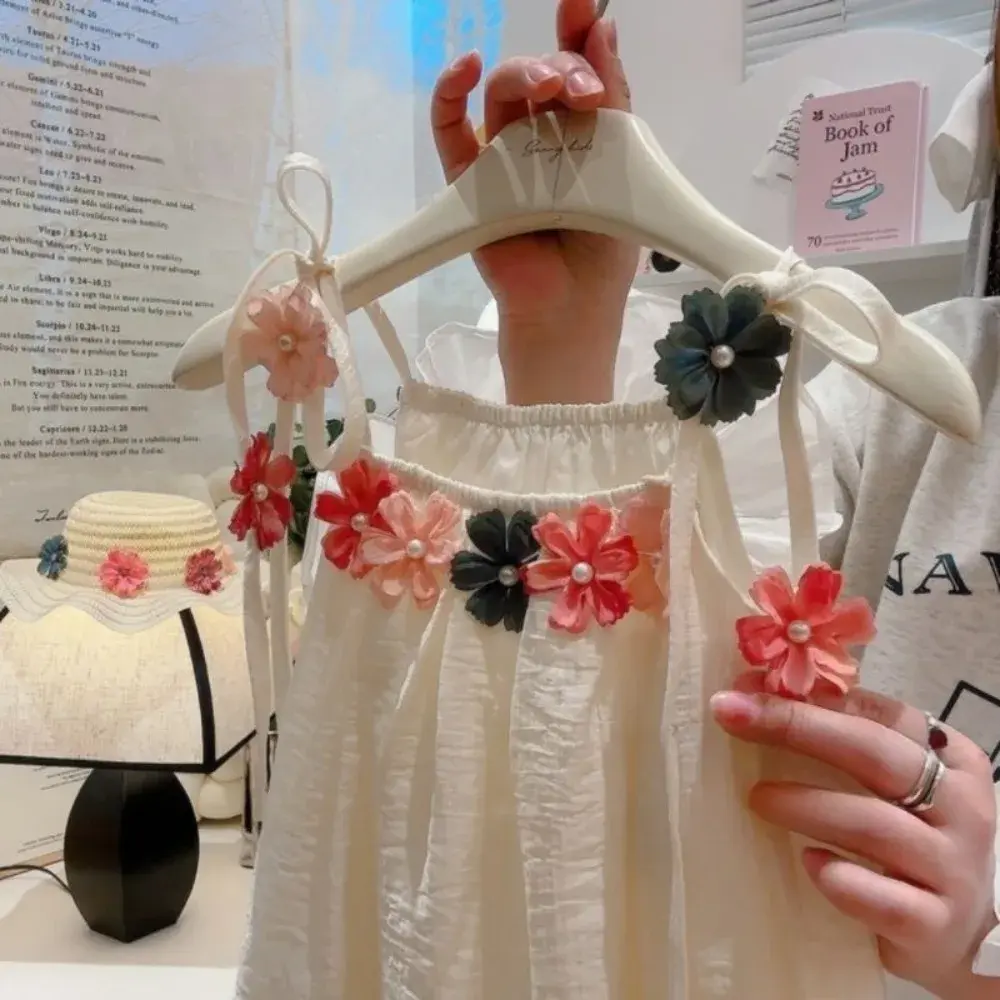 Bear Leader Korean Version Casual Dresses for Girls Summer White Sleeveless Kids Clothes 3D Flower Decoration Vest Dress+Hat