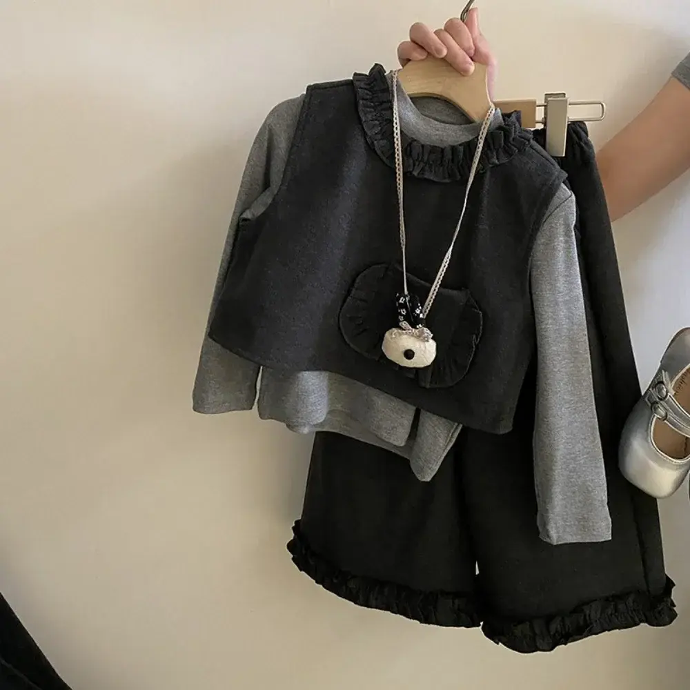 Bear Leader Fashion New Girls' Suit Autumn Long Sleeved Solid Color Top+Pocket Vest+Pants Korean Version Gray Three Piece Set