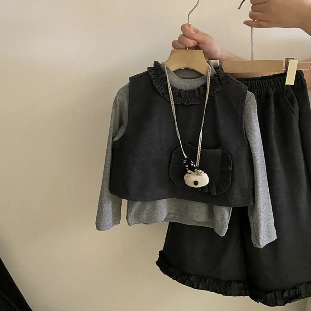 Bear Leader Fashion New Girls' Suit Autumn Long Sleeved Solid Color Top+Pocket Vest+Pants Korean Version Gray Three Piece Set