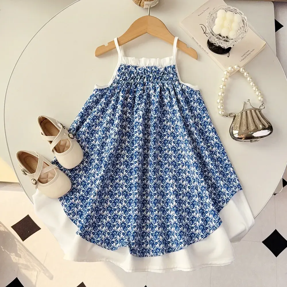 Bear Leader Girls Dress Summer Pathwork Pleated Sling Princess Dresses 3-7 Years Old Baby Girls Flower Clothes Casual Wear