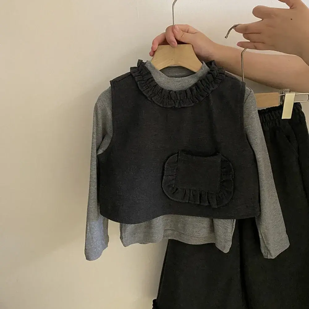 Bear Leader Fashion New Girls' Suit Autumn Long Sleeved Solid Color Top+Pocket Vest+Pants Korean Version Gray Three Piece Set