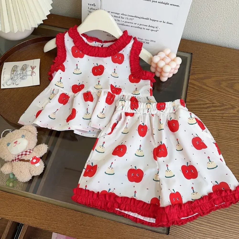 Bear Leader 2-7 Years Old Red Kids Clothes Girls Summer Cartoon Printed Sleeveless Top+Shorts+Pants Fashionable Three Piece Set