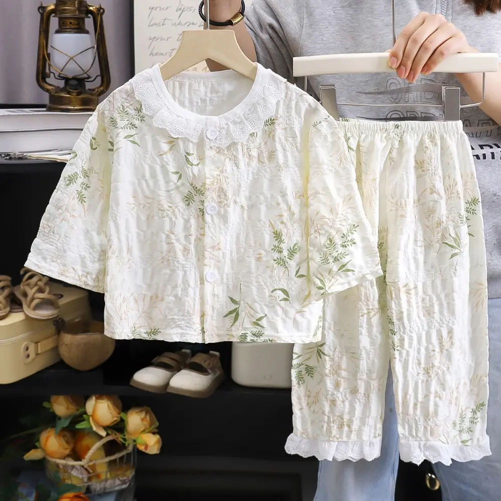 Bear Leader Girls Pajamas Spring/Autumn Long Sleeved Kids Home Clothes Lace Round Neck Cartoon Printed Single Breasted Top+Pants